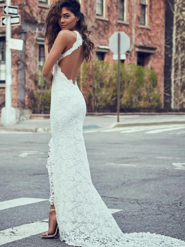 Elegant Lace Open Back Strapless Mermaid Beach Wedding Dress