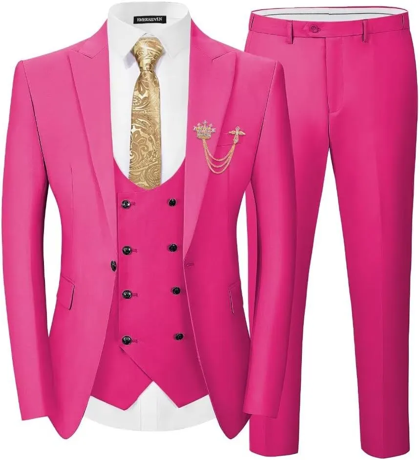 EMERAIDVLN Men's 3 Pieces Suit Slim Fit Elegant Wedding Prom Suits 1 Botton Blazer Double Breasted Vest and Pants Tuxedo Set