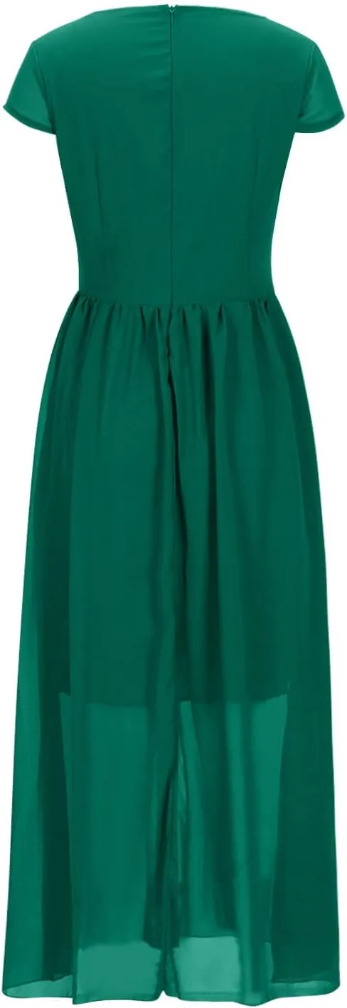 Evening Dresses for Women Formal 2024 Empire Waist Plus Size Dresses Solid Short Sleeve Ankle Length Dresses