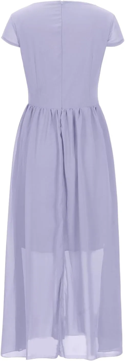 Evening Dresses for Women Formal 2024 Empire Waist Plus Size Dresses Solid Short Sleeve Ankle Length Dresses