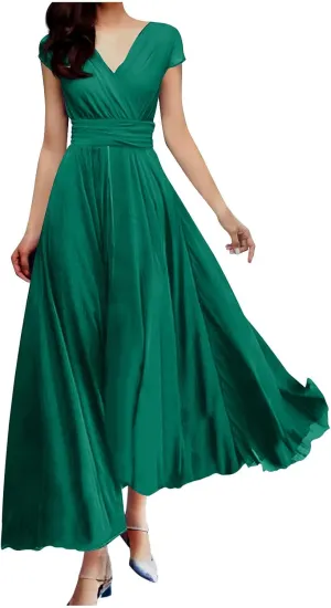 Evening Dresses for Women Formal 2024 Empire Waist Plus Size Dresses Solid Short Sleeve Ankle Length Dresses