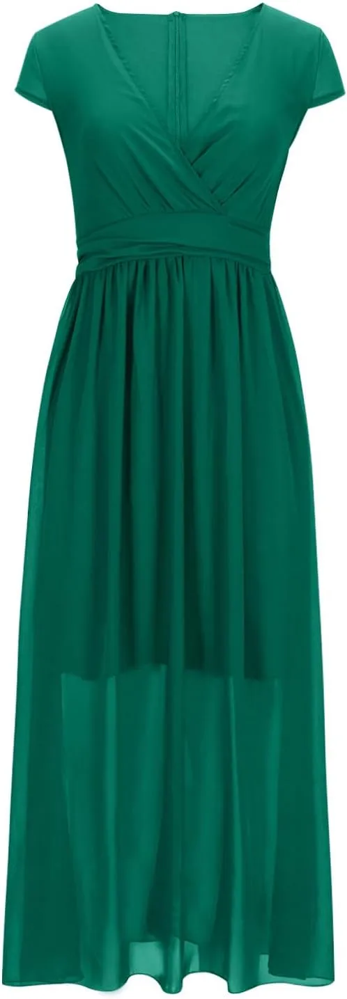 Evening Dresses for Women Formal 2024 Empire Waist Plus Size Dresses Solid Short Sleeve Ankle Length Dresses