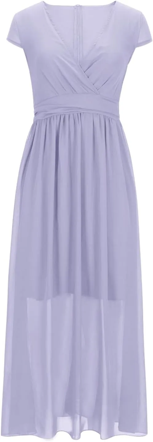 Evening Dresses for Women Formal 2024 Empire Waist Plus Size Dresses Solid Short Sleeve Ankle Length Dresses