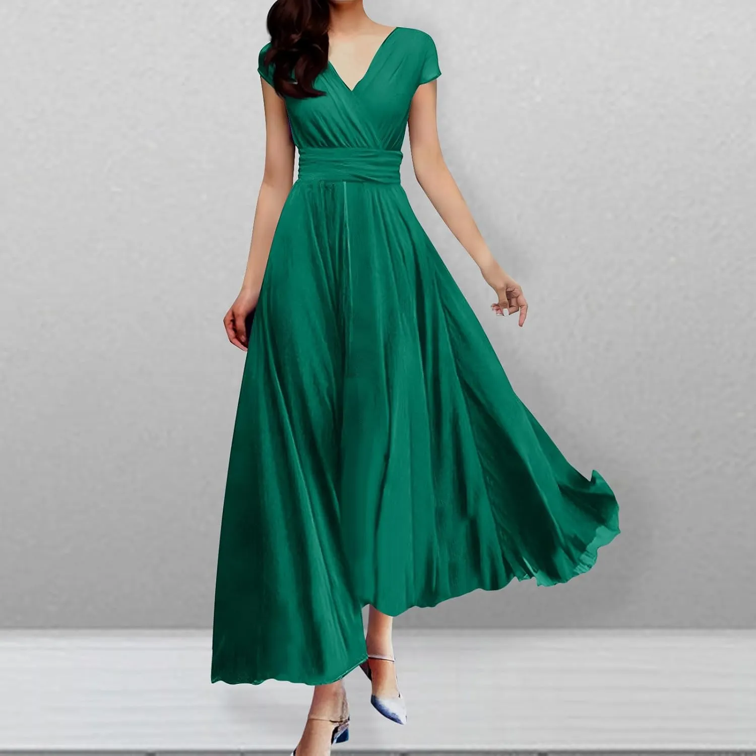 Evening Dresses for Women Formal 2024 Empire Waist Plus Size Dresses Solid Short Sleeve Ankle Length Dresses