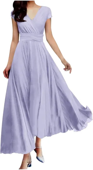 Evening Dresses for Women Formal 2024 Empire Waist Plus Size Dresses Solid Short Sleeve Ankle Length Dresses
