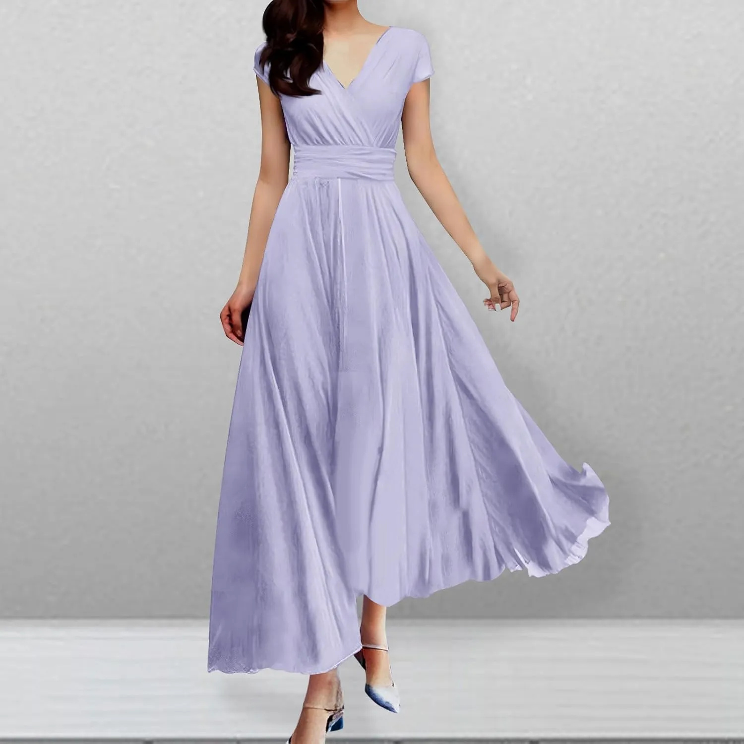 Evening Dresses for Women Formal 2024 Empire Waist Plus Size Dresses Solid Short Sleeve Ankle Length Dresses