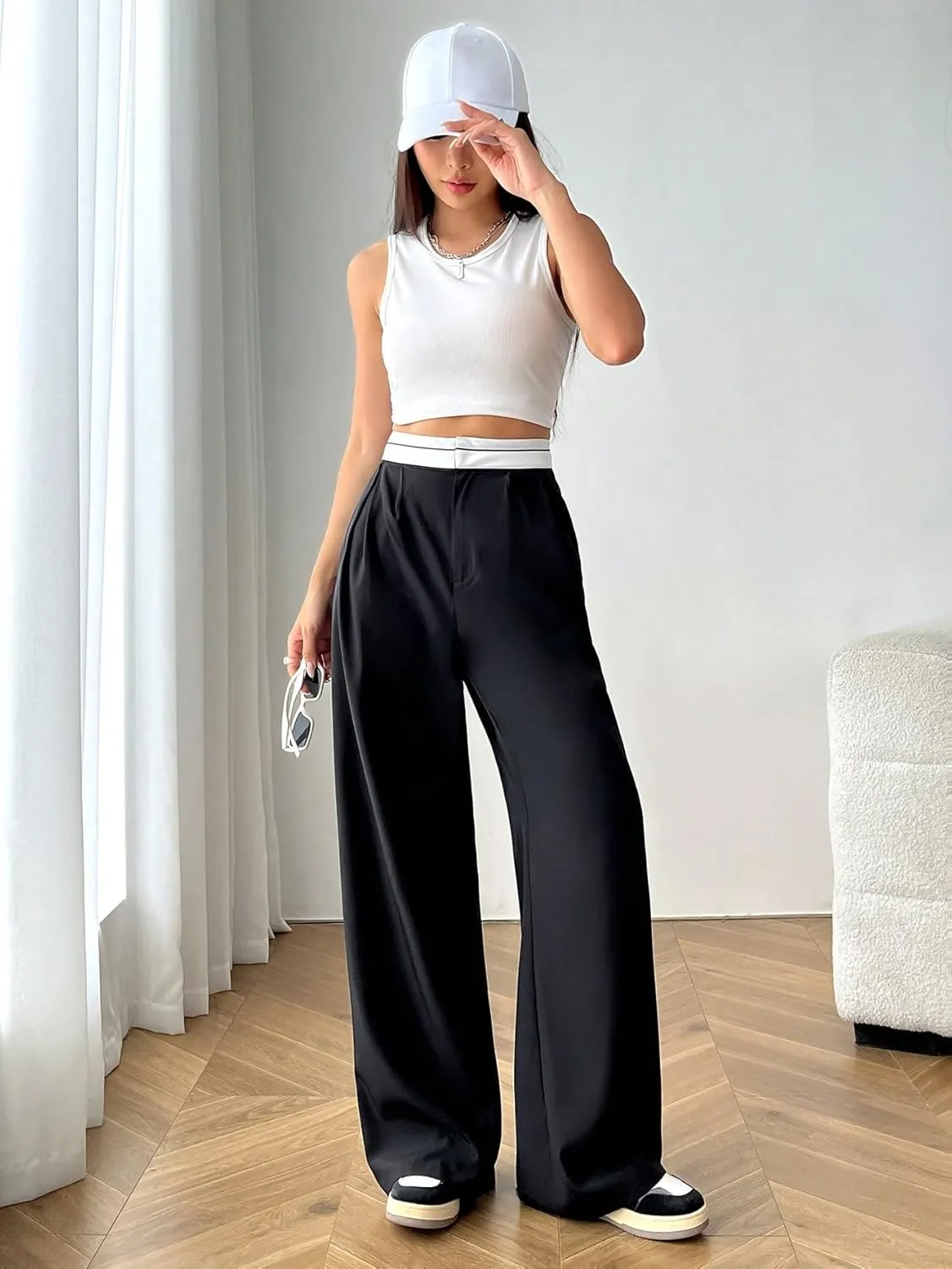 Floerns Women's High Waist Colorblock Y2K Loose Fit Wide Leg Pants