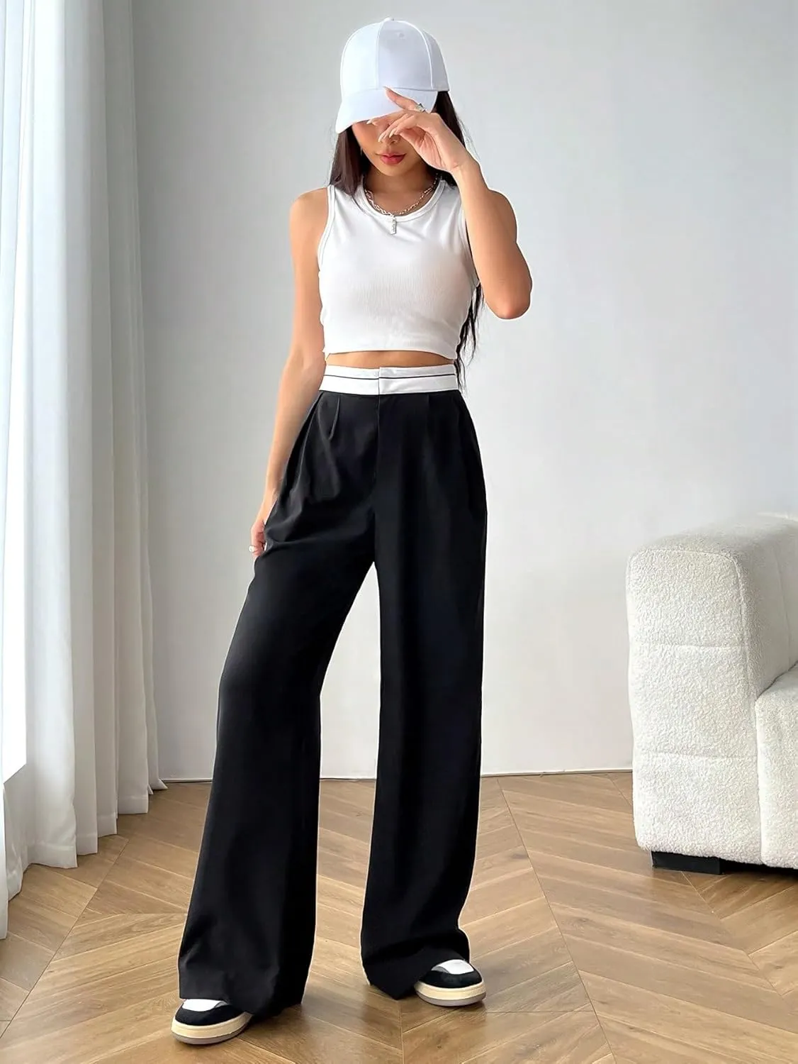 Floerns Women's High Waist Colorblock Y2K Loose Fit Wide Leg Pants
