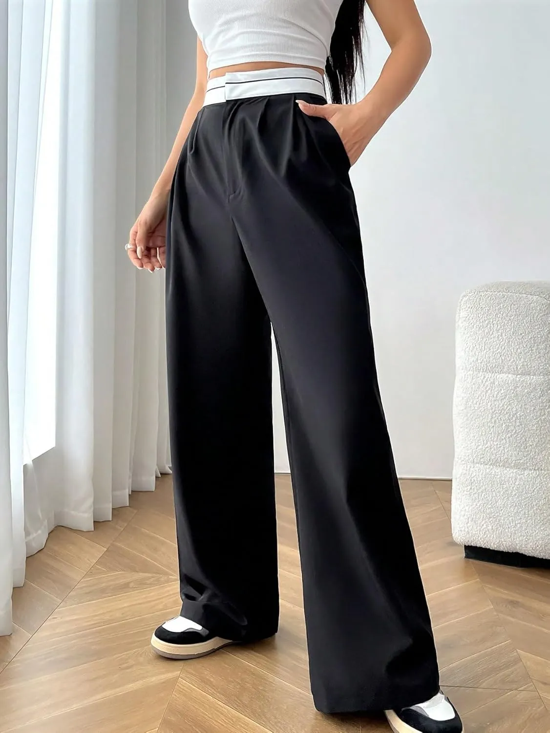 Floerns Women's High Waist Colorblock Y2K Loose Fit Wide Leg Pants