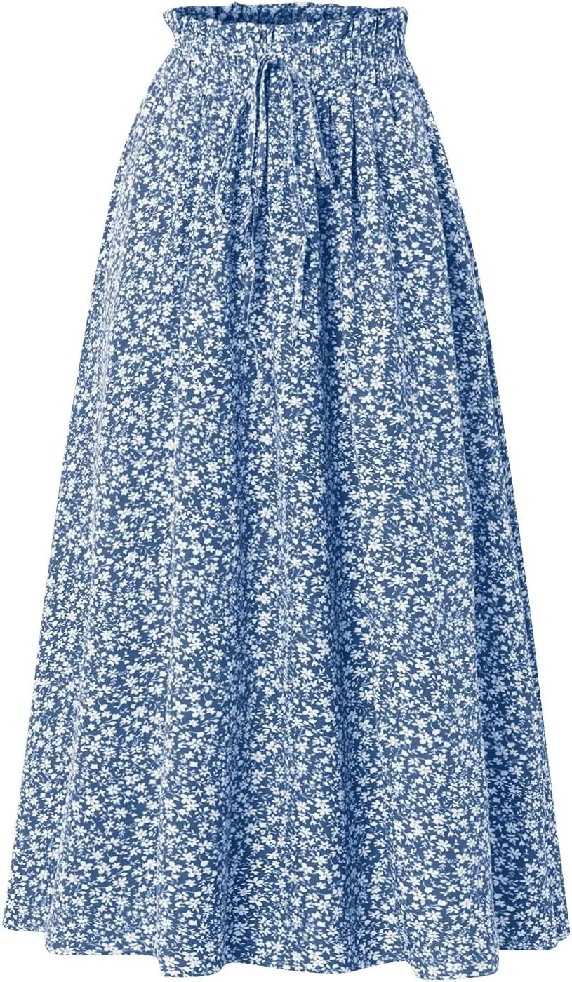 Floral Maxi Skirt for Women Summer Comfy Tiered Elastic High Waisted Skirts Vacation A-Line Flowy Swing Long Skirts