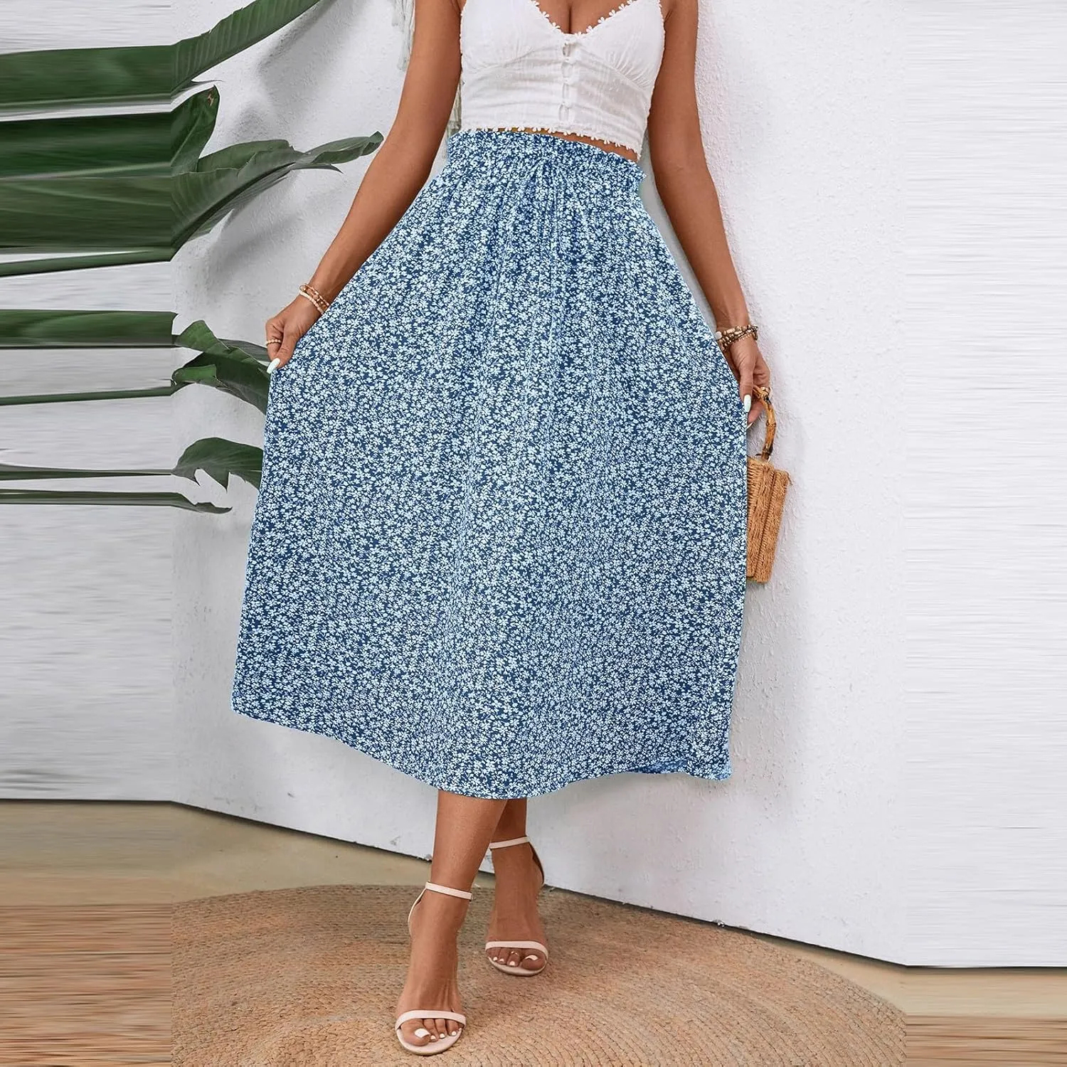 Floral Maxi Skirt for Women Summer Comfy Tiered Elastic High Waisted Skirts Vacation A-Line Flowy Swing Long Skirts