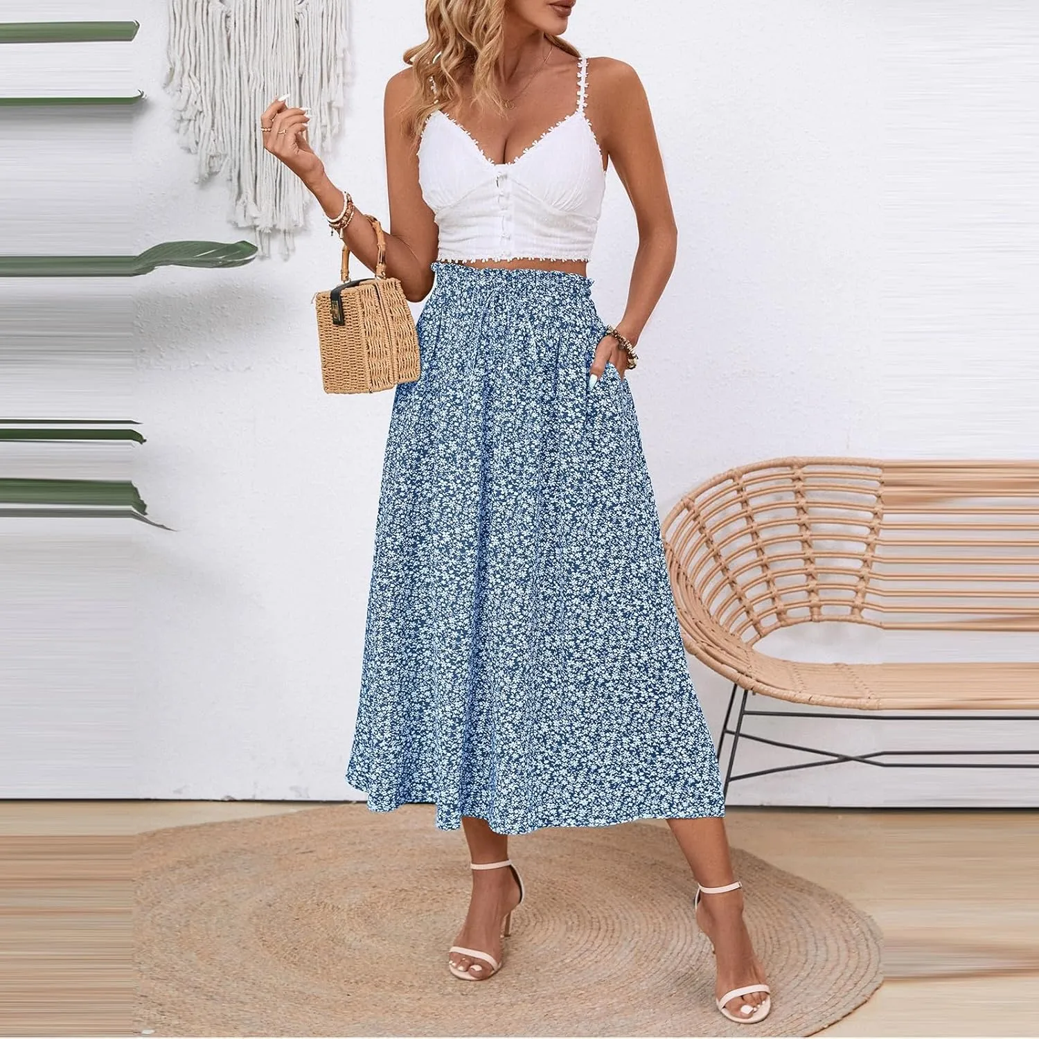 Floral Maxi Skirt for Women Summer Comfy Tiered Elastic High Waisted Skirts Vacation A-Line Flowy Swing Long Skirts