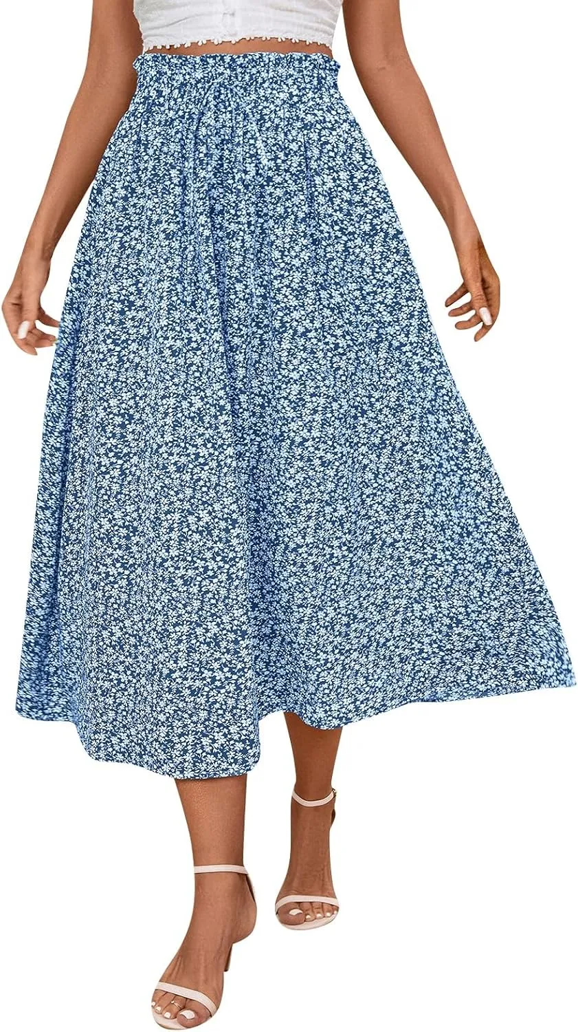 Floral Maxi Skirt for Women Summer Comfy Tiered Elastic High Waisted Skirts Vacation A-Line Flowy Swing Long Skirts