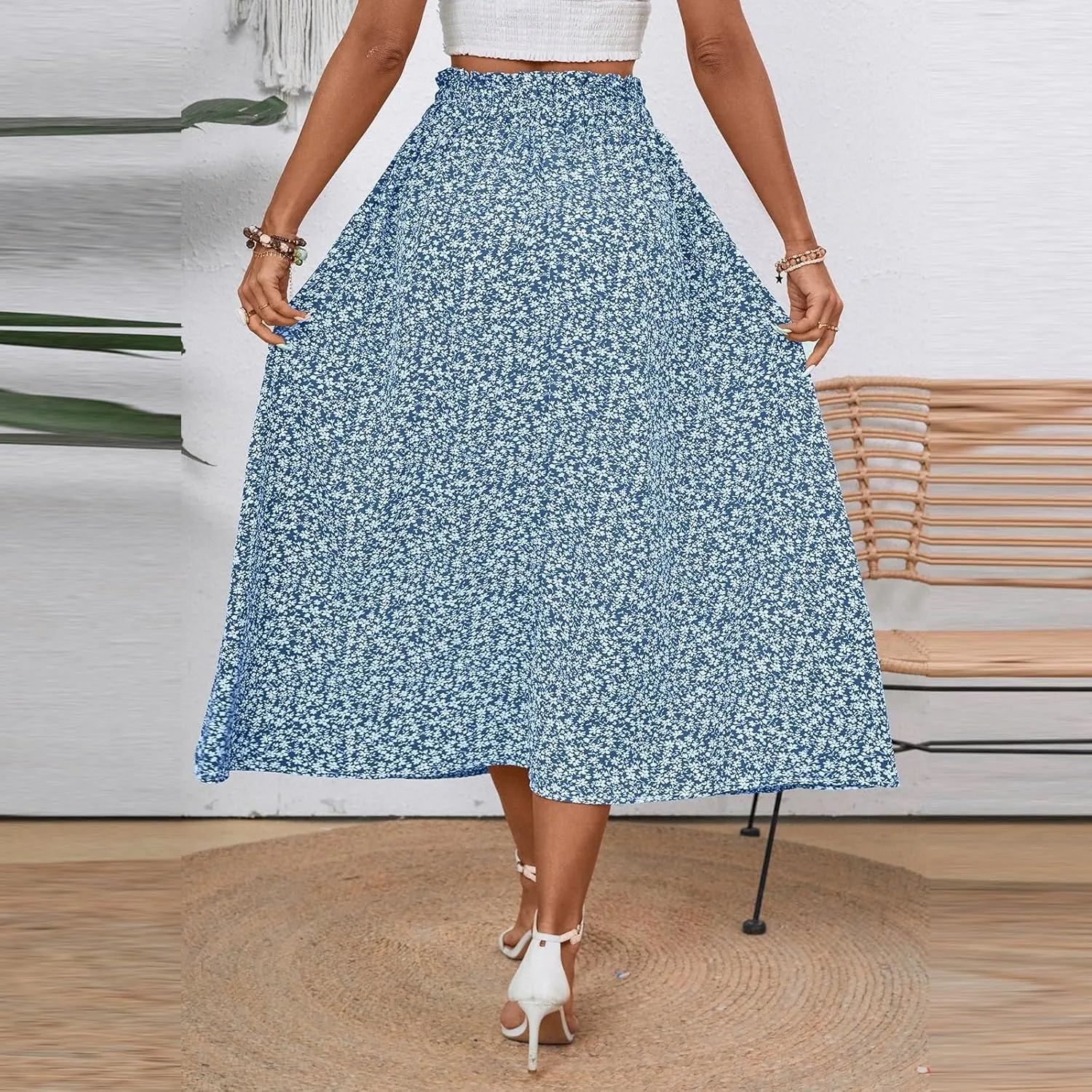 Floral Maxi Skirt for Women Summer Comfy Tiered Elastic High Waisted Skirts Vacation A-Line Flowy Swing Long Skirts