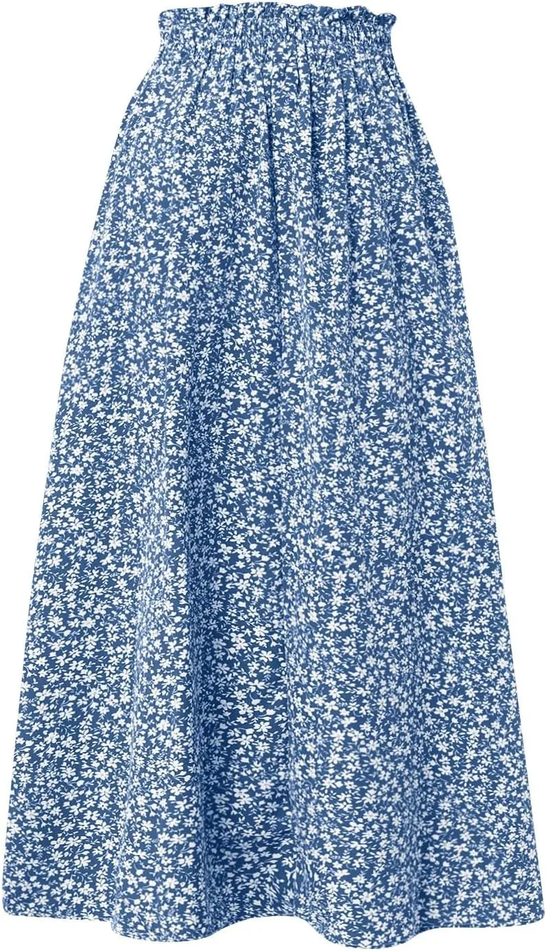 Floral Maxi Skirt for Women Summer Comfy Tiered Elastic High Waisted Skirts Vacation A-Line Flowy Swing Long Skirts