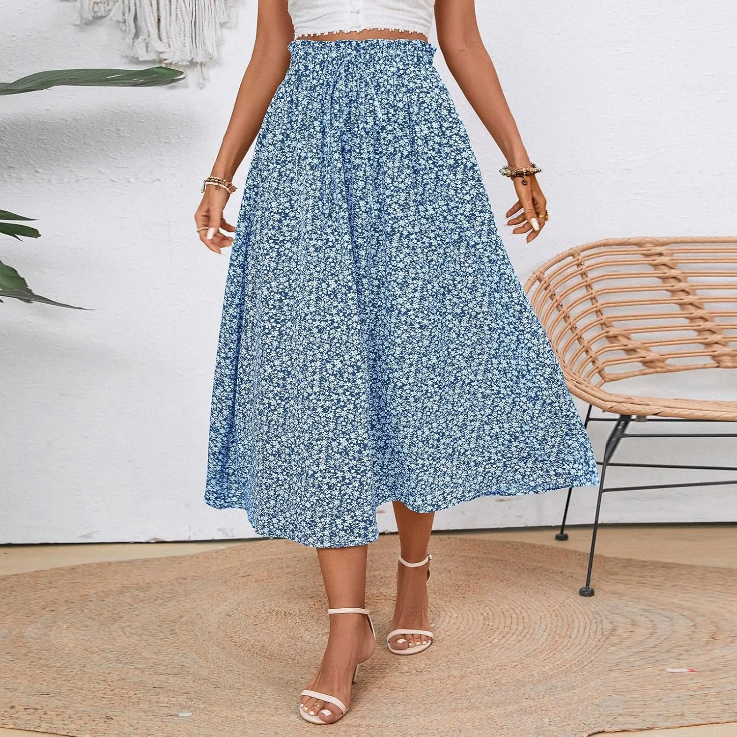 Floral Maxi Skirt for Women Summer Comfy Tiered Elastic High Waisted Skirts Vacation A-Line Flowy Swing Long Skirts