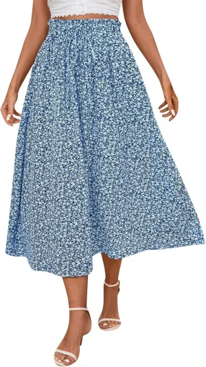 Floral Maxi Skirt for Women Summer Comfy Tiered Elastic High Waisted Skirts Vacation A-Line Flowy Swing Long Skirts