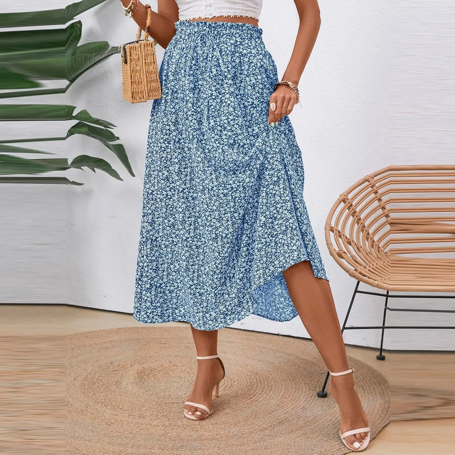 Floral Maxi Skirt for Women Summer Comfy Tiered Elastic High Waisted Skirts Vacation A-Line Flowy Swing Long Skirts