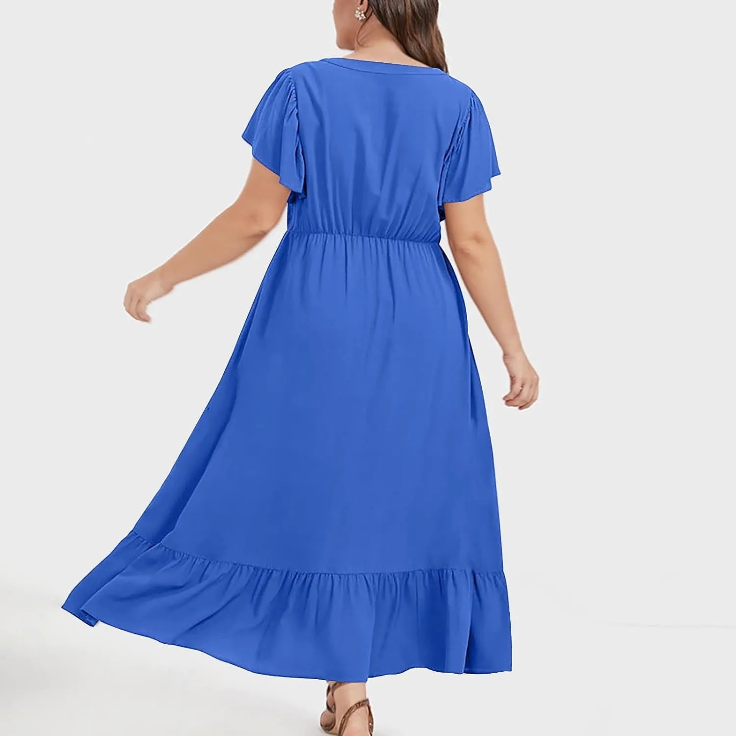 Flowy Dresses for Women V Neck Cinch Waist Ruffle Short Sleeve Dress Trendy Summer Layered Tiered A Line Sundress