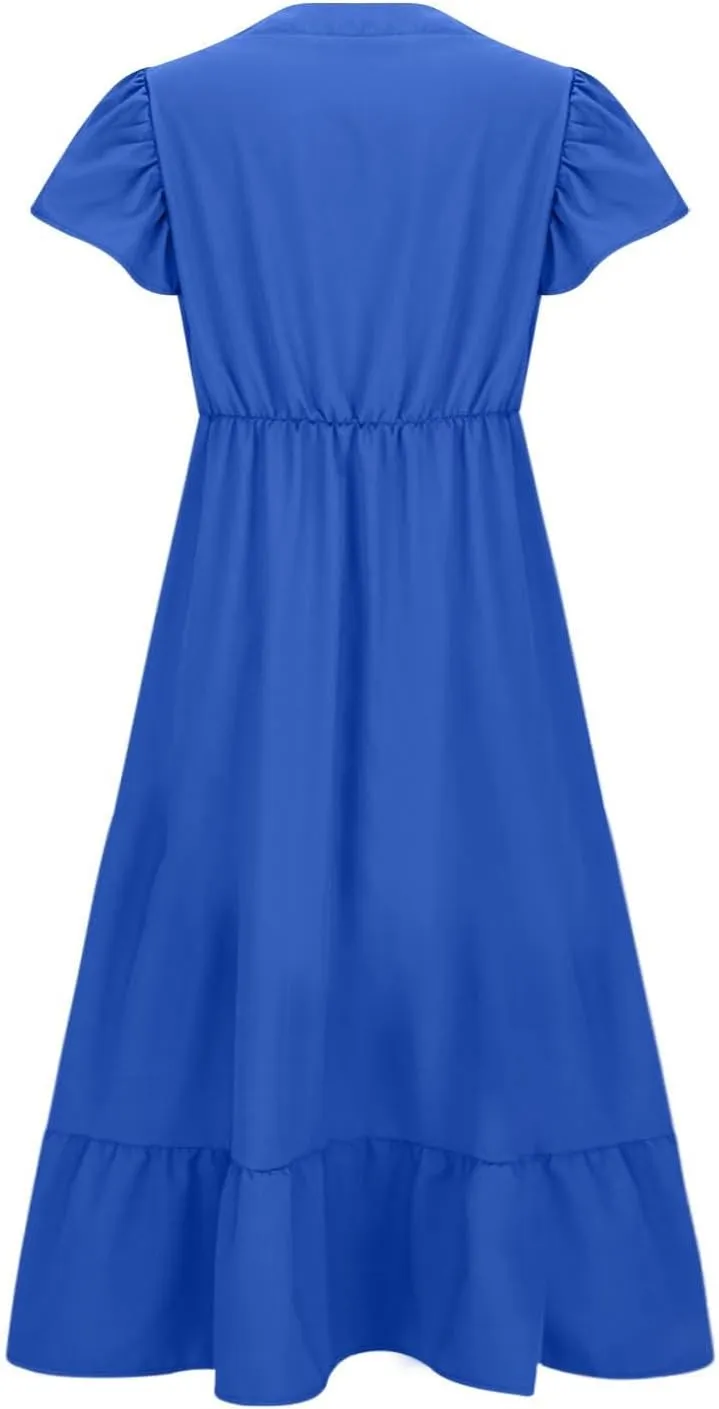 Flowy Dresses for Women V Neck Cinch Waist Ruffle Short Sleeve Dress Trendy Summer Layered Tiered A Line Sundress