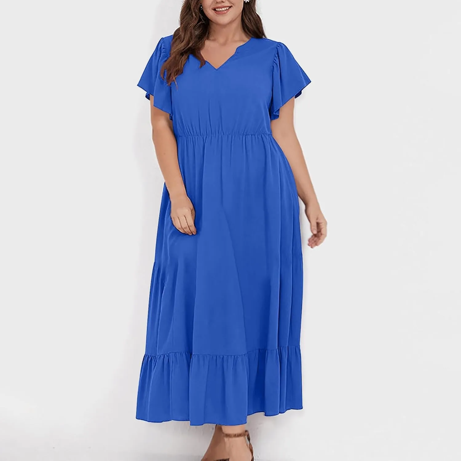 Flowy Dresses for Women V Neck Cinch Waist Ruffle Short Sleeve Dress Trendy Summer Layered Tiered A Line Sundress