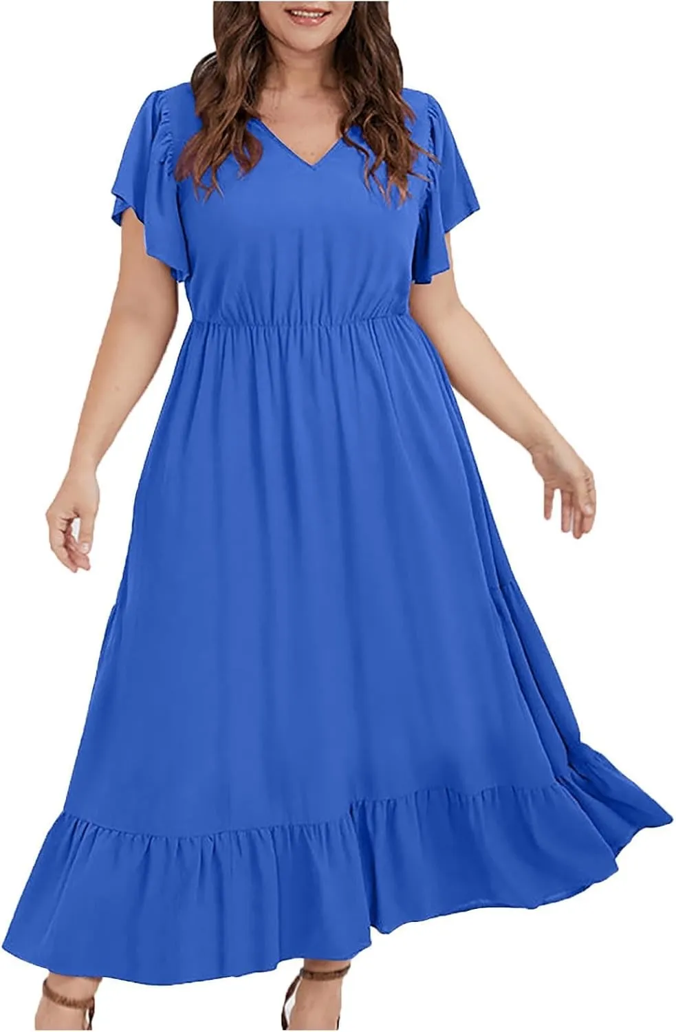 Flowy Dresses for Women V Neck Cinch Waist Ruffle Short Sleeve Dress Trendy Summer Layered Tiered A Line Sundress