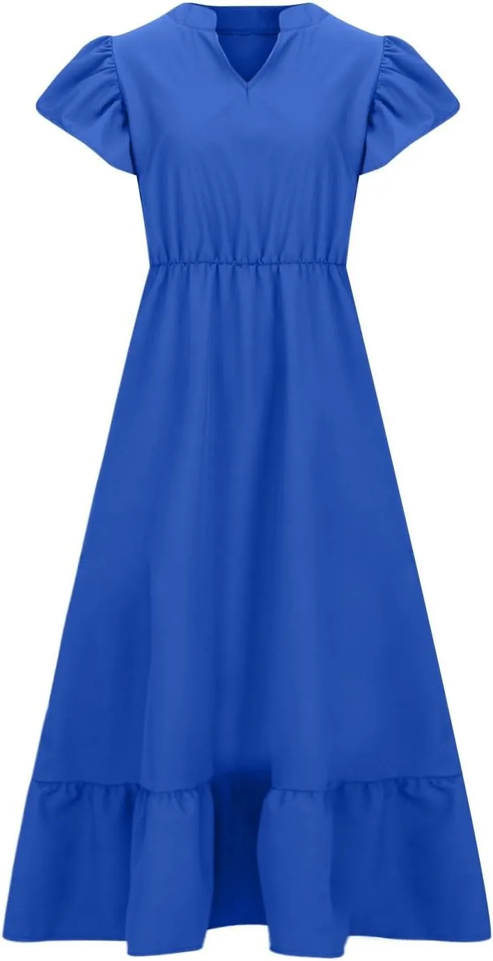 Flowy Dresses for Women V Neck Cinch Waist Ruffle Short Sleeve Dress Trendy Summer Layered Tiered A Line Sundress