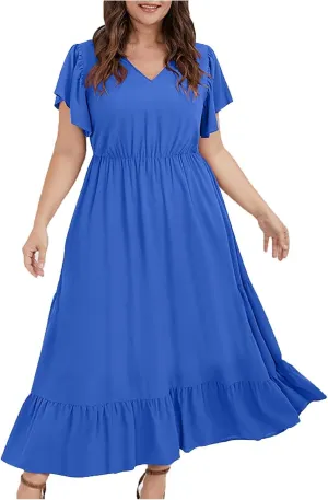 Flowy Dresses for Women V Neck Cinch Waist Ruffle Short Sleeve Dress Trendy Summer Layered Tiered A Line Sundress