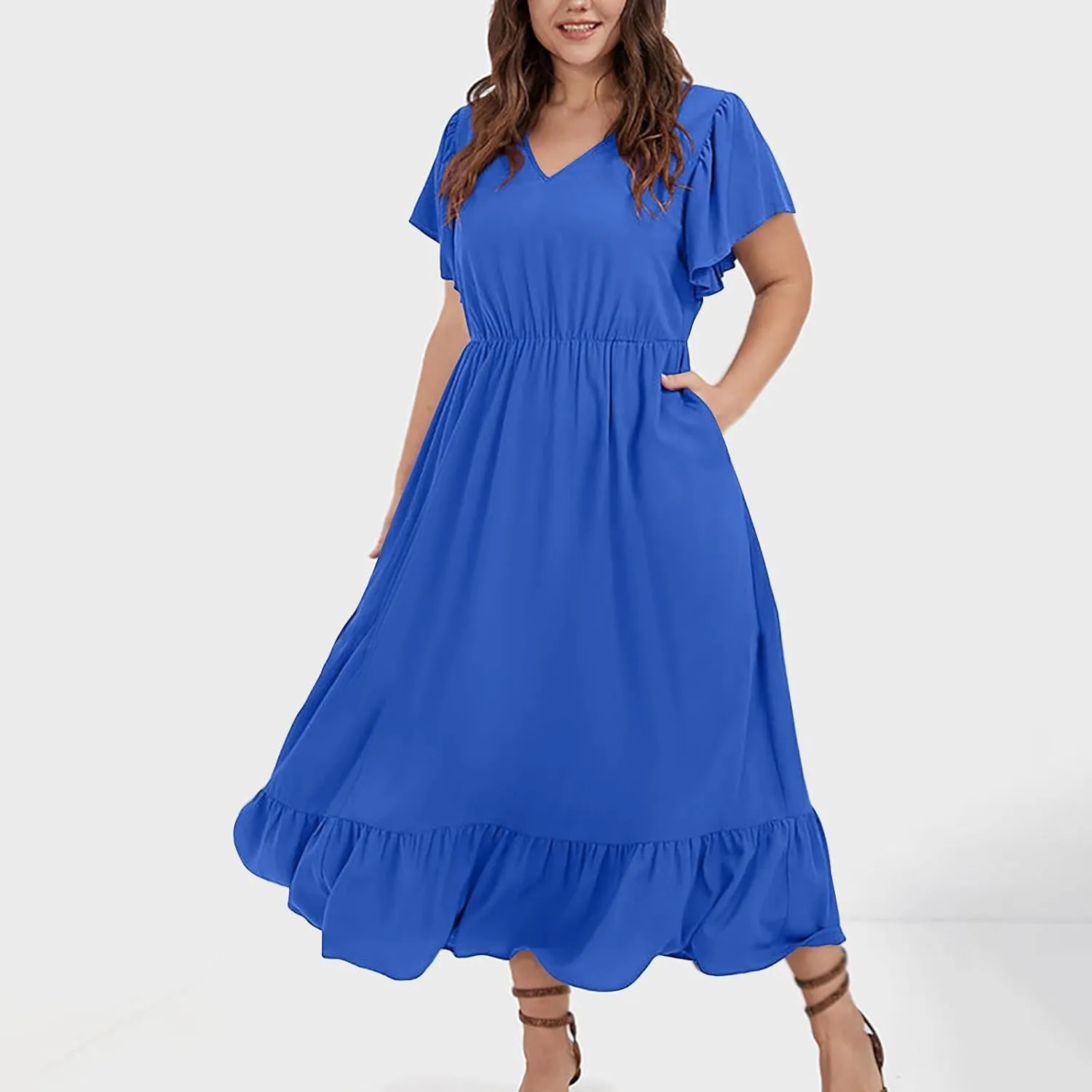Flowy Dresses for Women V Neck Cinch Waist Ruffle Short Sleeve Dress Trendy Summer Layered Tiered A Line Sundress
