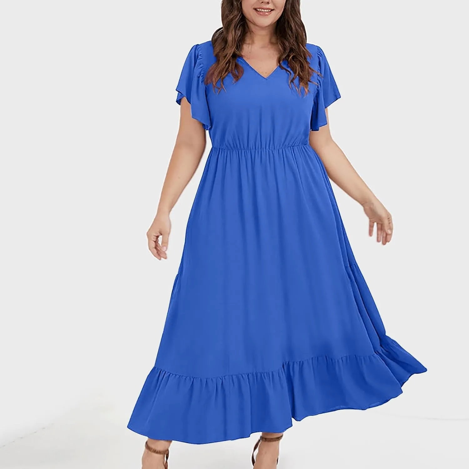 Flowy Dresses for Women V Neck Cinch Waist Ruffle Short Sleeve Dress Trendy Summer Layered Tiered A Line Sundress