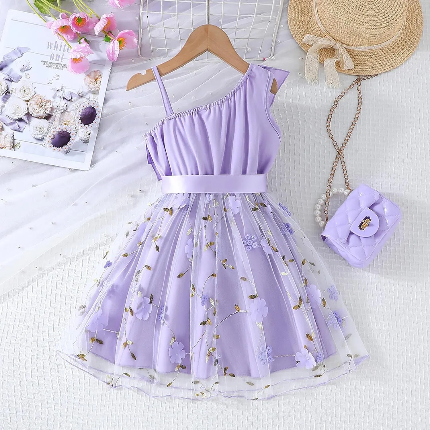 Girls Ruffle One Shoulder Summer Cute Floral Tulle Dress Kids Baby Toddler A-Line Mesh Party Dresses for 2-8 Years