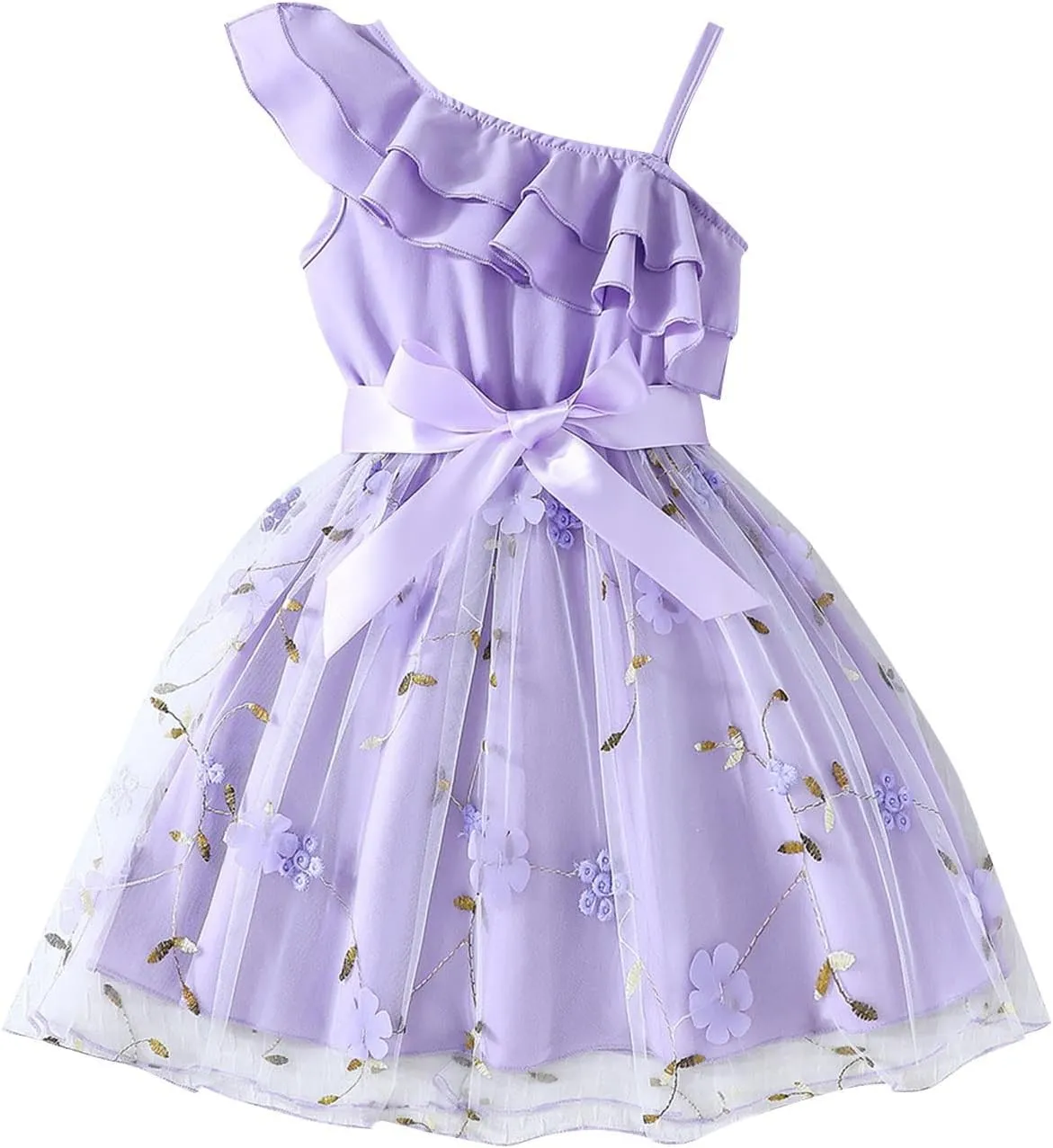 Girls Ruffle One Shoulder Summer Cute Floral Tulle Dress Kids Baby Toddler A-Line Mesh Party Dresses for 2-8 Years