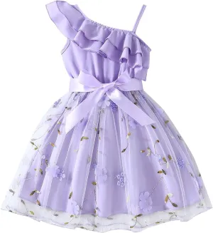 Girls Ruffle One Shoulder Summer Cute Floral Tulle Dress Kids Baby Toddler A-Line Mesh Party Dresses for 2-8 Years