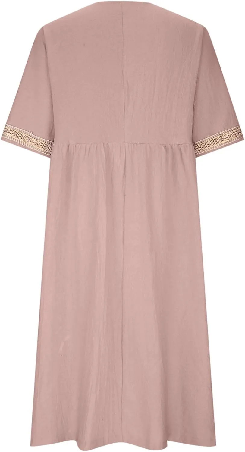 Graduation Dresses for Women 2025 Short Sleeve Dress V Neck Lace Boho Sundress Preppy Fashion Summer Sundresses