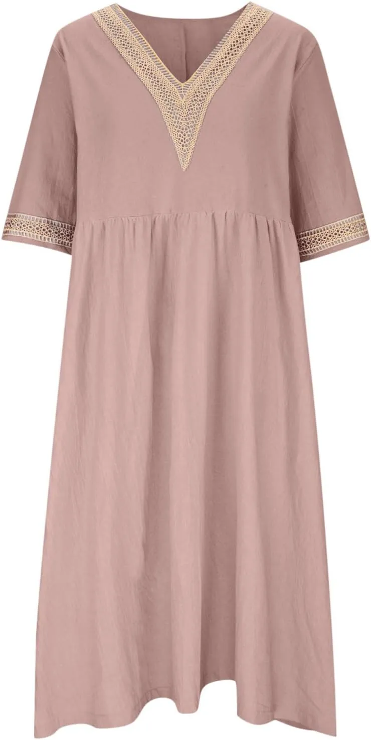 Graduation Dresses for Women 2025 Short Sleeve Dress V Neck Lace Boho Sundress Preppy Fashion Summer Sundresses