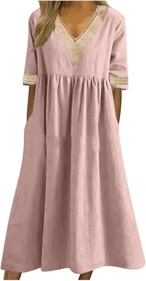 Graduation Dresses for Women 2025 Short Sleeve Dress V Neck Lace Boho Sundress Preppy Fashion Summer Sundresses