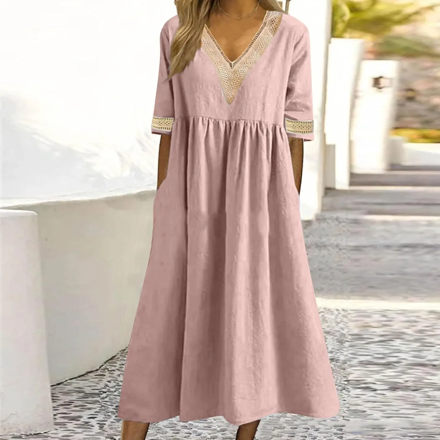 Graduation Dresses for Women 2025 Short Sleeve Dress V Neck Lace Boho Sundress Preppy Fashion Summer Sundresses
