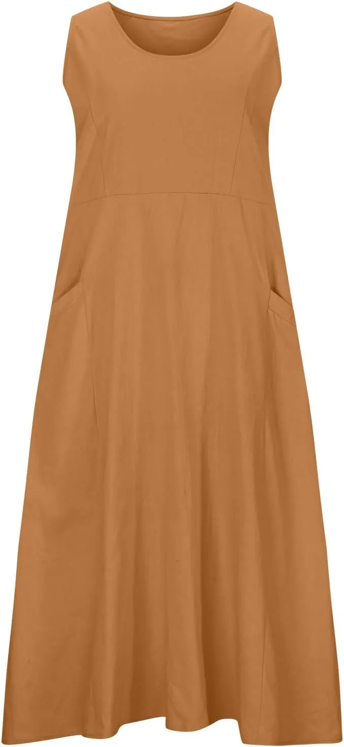 Hawaiian Dresses for Women Summer Casual Short Sleeve Cotton Linen Sundresses Oversized Flowy Dress with Pockets