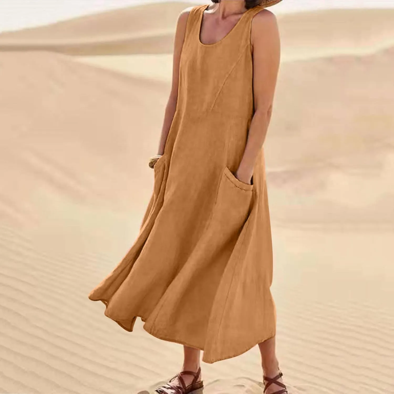 Hawaiian Dresses for Women Summer Casual Short Sleeve Cotton Linen Sundresses Oversized Flowy Dress with Pockets
