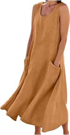 Hawaiian Dresses for Women Summer Casual Short Sleeve Cotton Linen Sundresses Oversized Flowy Dress with Pockets