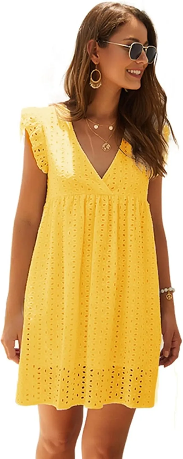 HGps8w Women's Summer Dresses V Neck Short Sleeve Hollow Out Swing Cute Ruffle Hem Dress Casual Mini Beach Sundresses