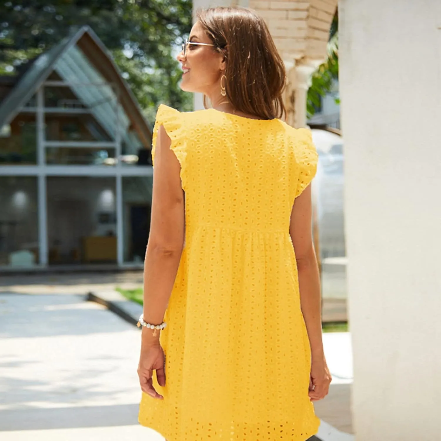 HGps8w Women's Summer Dresses V Neck Short Sleeve Hollow Out Swing Cute Ruffle Hem Dress Casual Mini Beach Sundresses