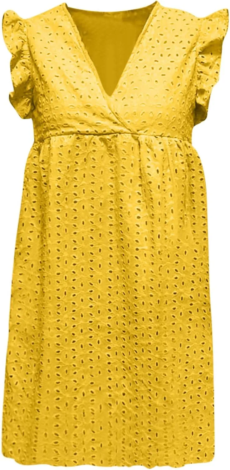 HGps8w Women's Summer Dresses V Neck Short Sleeve Hollow Out Swing Cute Ruffle Hem Dress Casual Mini Beach Sundresses