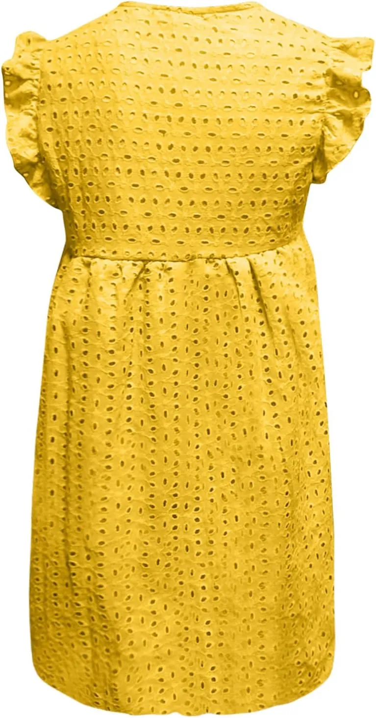 HGps8w Women's Summer Dresses V Neck Short Sleeve Hollow Out Swing Cute Ruffle Hem Dress Casual Mini Beach Sundresses