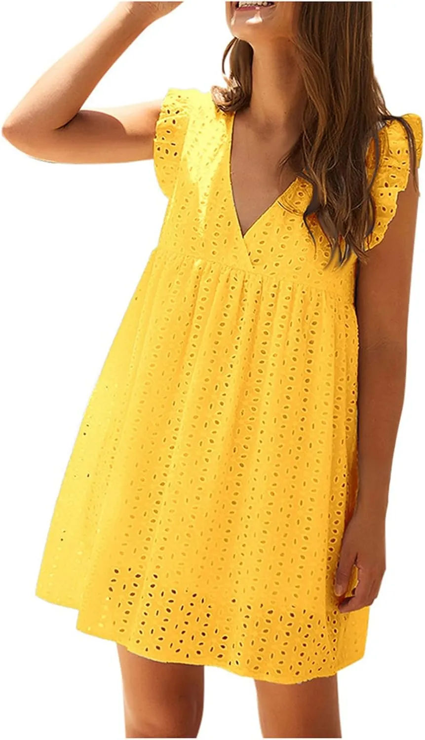 HGps8w Women's Summer Dresses V Neck Short Sleeve Hollow Out Swing Cute Ruffle Hem Dress Casual Mini Beach Sundresses