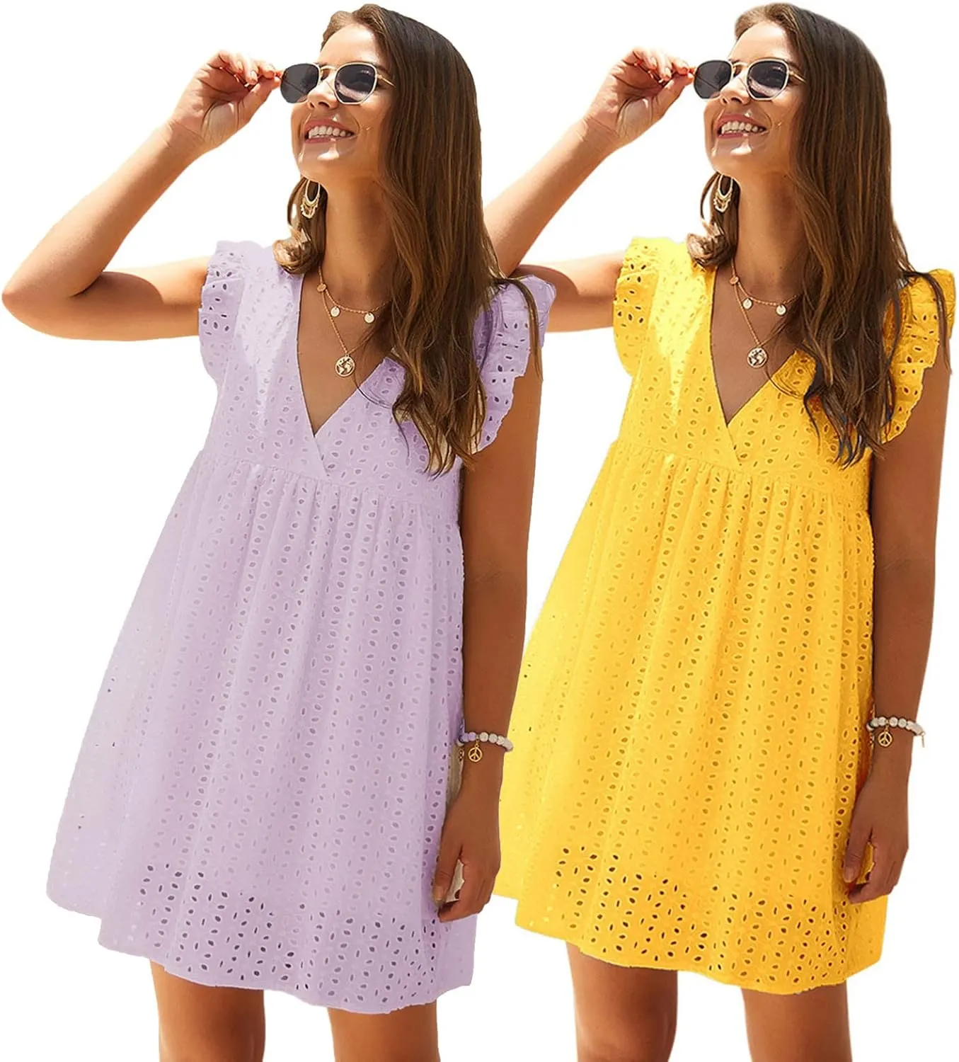 HGps8w Women's Summer Dresses V Neck Short Sleeve Hollow Out Swing Cute Ruffle Hem Dress Casual Mini Beach Sundresses