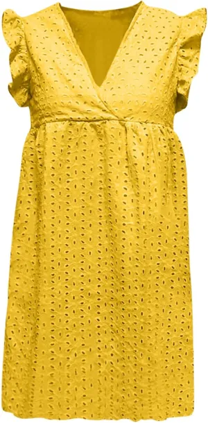 HGps8w Women's Summer Dresses V Neck Short Sleeve Hollow Out Swing Cute Ruffle Hem Dress Casual Mini Beach Sundresses