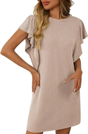 hlysgo Womens Summer Dress Trendy Ruffle Sleeve Crew Neck Mini Dresses Casual Loose Fit Beach Vacation Sundress with Pockets
