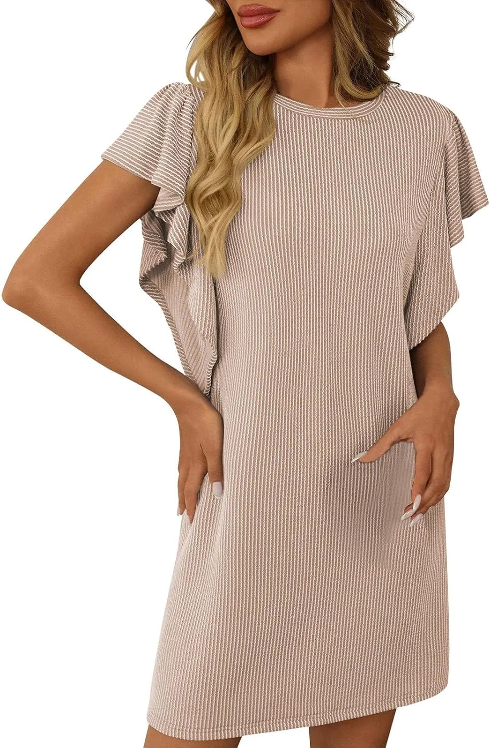 hlysgo Womens Summer Dress Trendy Ruffle Sleeve Crew Neck Mini Dresses Casual Loose Fit Beach Vacation Sundress with Pockets