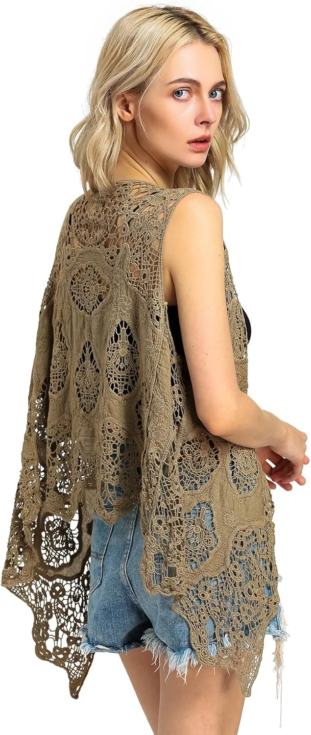 JASTIE Women Open Stitch Cardigan Boho Sleeveless Hippie Summer Hollow Out Solid Crochet Vest